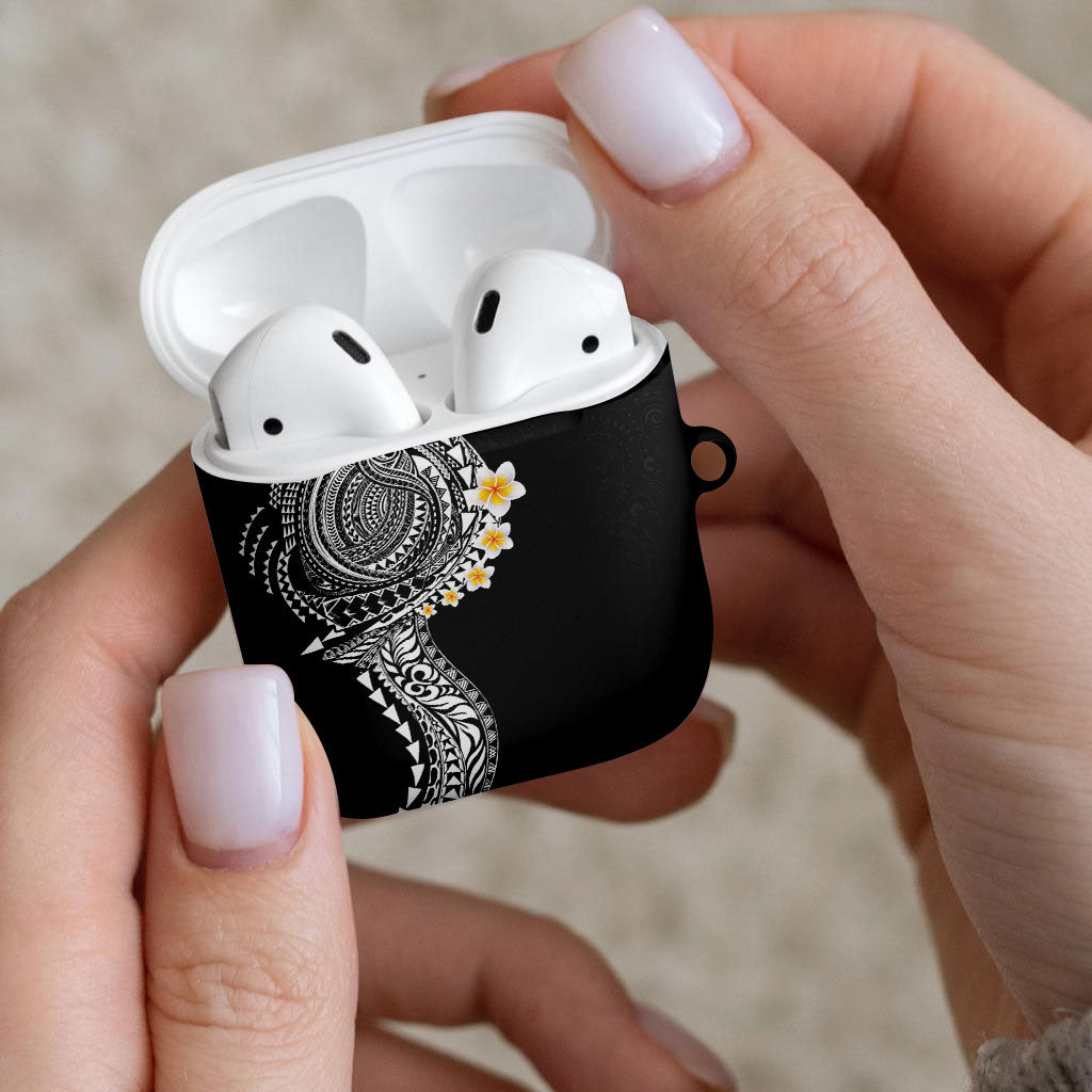 Hawaiian Tribal Tattoo and Plumeria AirPods Case Polynesian Pattern Black Color