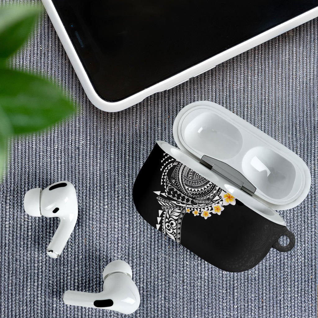 Hawaiian Tribal Tattoo and Plumeria AirPods Case Polynesian Pattern Black Color