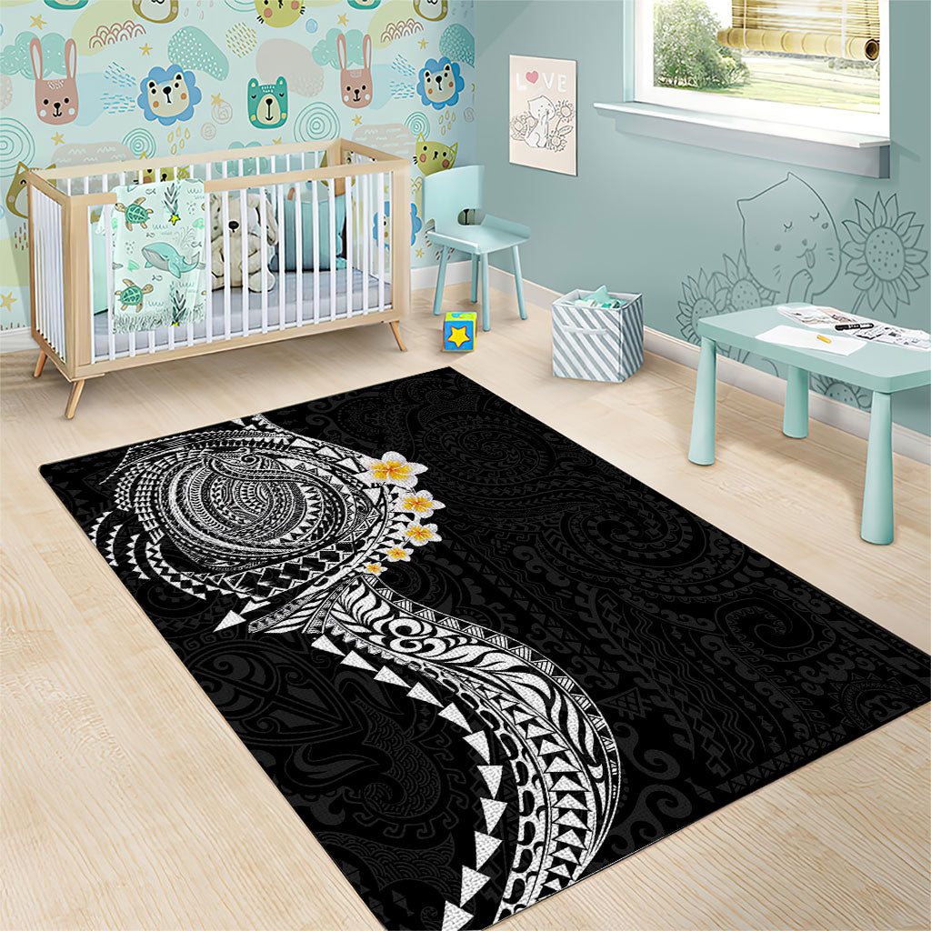 Hawaiian Tribal Tattoo and Plumeria Area Rug Polynesian Pattern Black Color