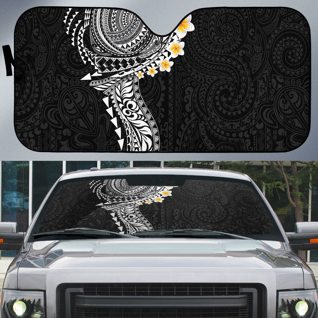 Hawaiian Tribal Tattoo and Plumeria Auto Sun Shade Polynesian Pattern Black Color