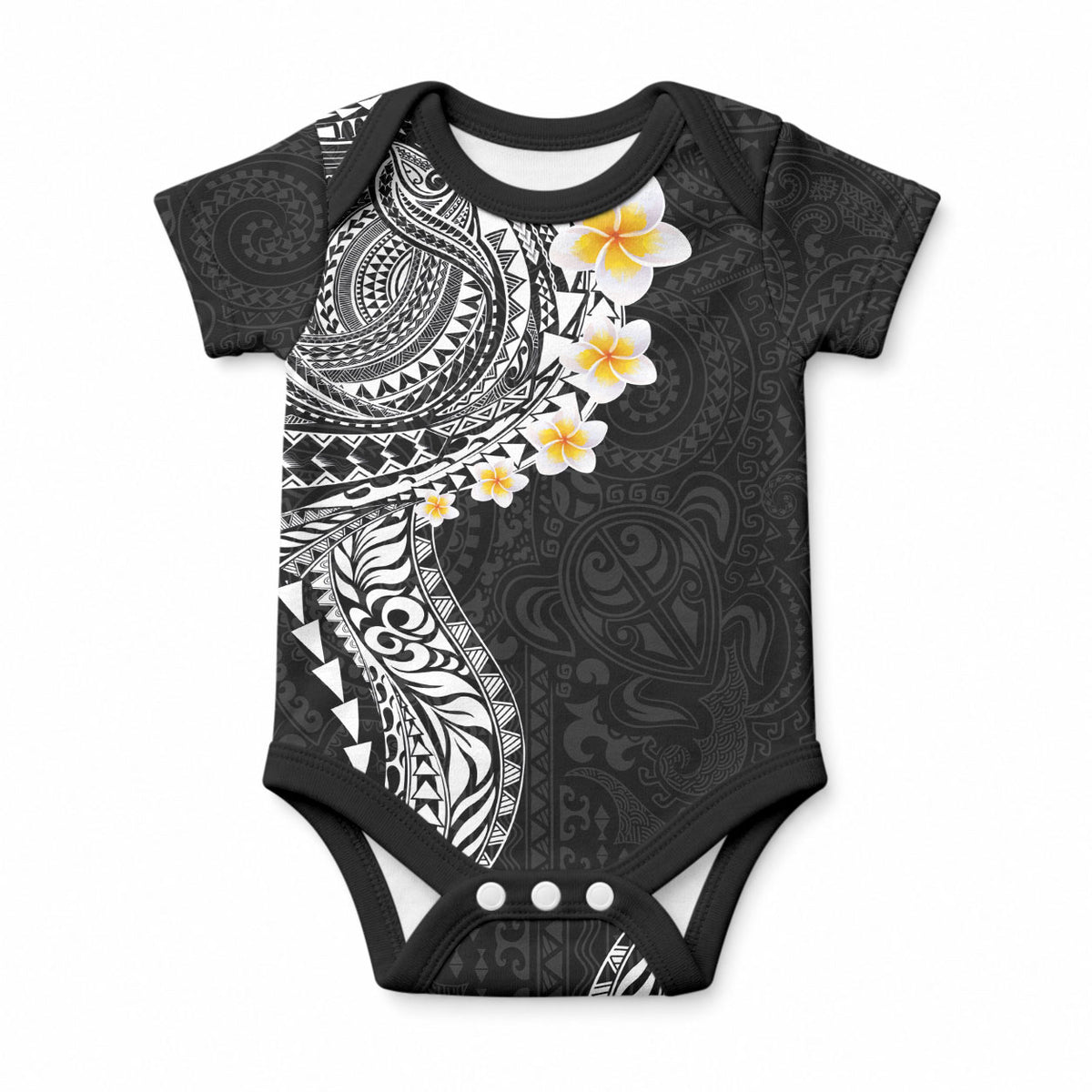 Hawaiian Tribal Tattoo and Plumeria Baby Onesie Polynesian Pattern Black Color