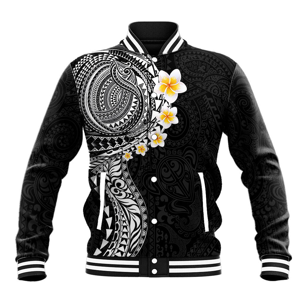 Hawaiian Tribal Tattoo and Plumeria Baseball Jacket Polynesian Pattern Black Color