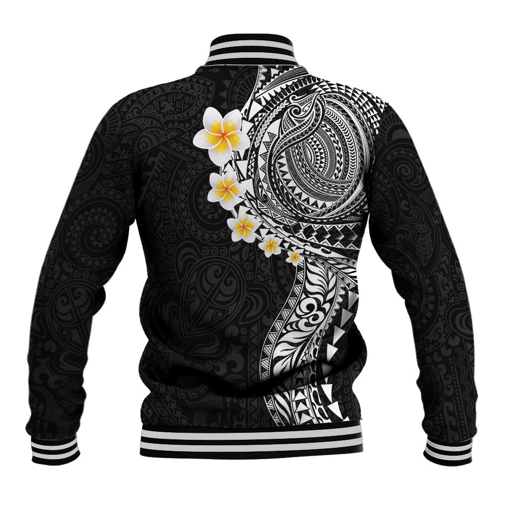 Hawaiian Tribal Tattoo and Plumeria Baseball Jacket Polynesian Pattern Black Color