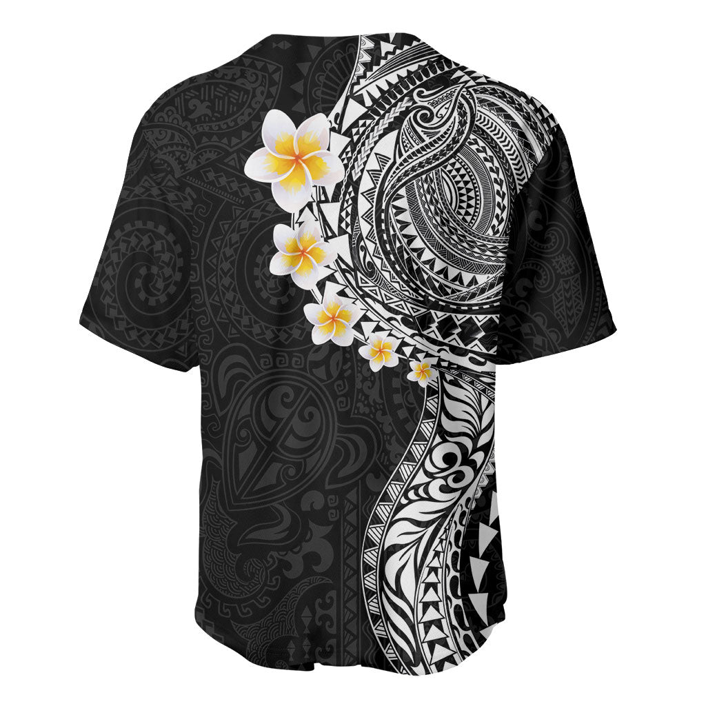 Hawaiian Tribal Tattoo and Plumeria Baseball Jersey Polynesian Pattern Black Color