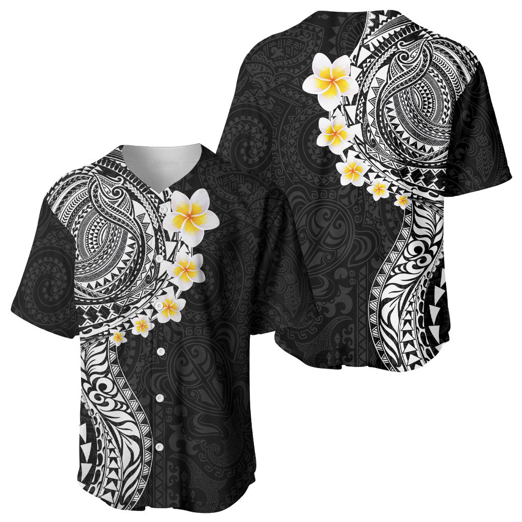 Hawaiian Tribal Tattoo and Plumeria Baseball Jersey Polynesian Pattern Black Color