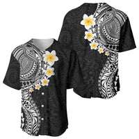 Hawaiian Tribal Tattoo and Plumeria Baseball Jersey Polynesian Pattern Black Color