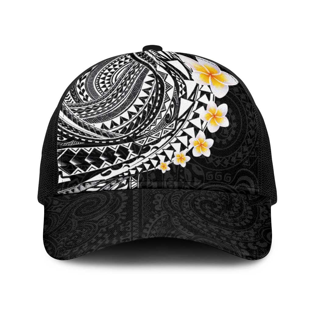 Hawaiian Tribal Tattoo and Plumeria Baseball Net Cap Polynesian Pattern Black Color