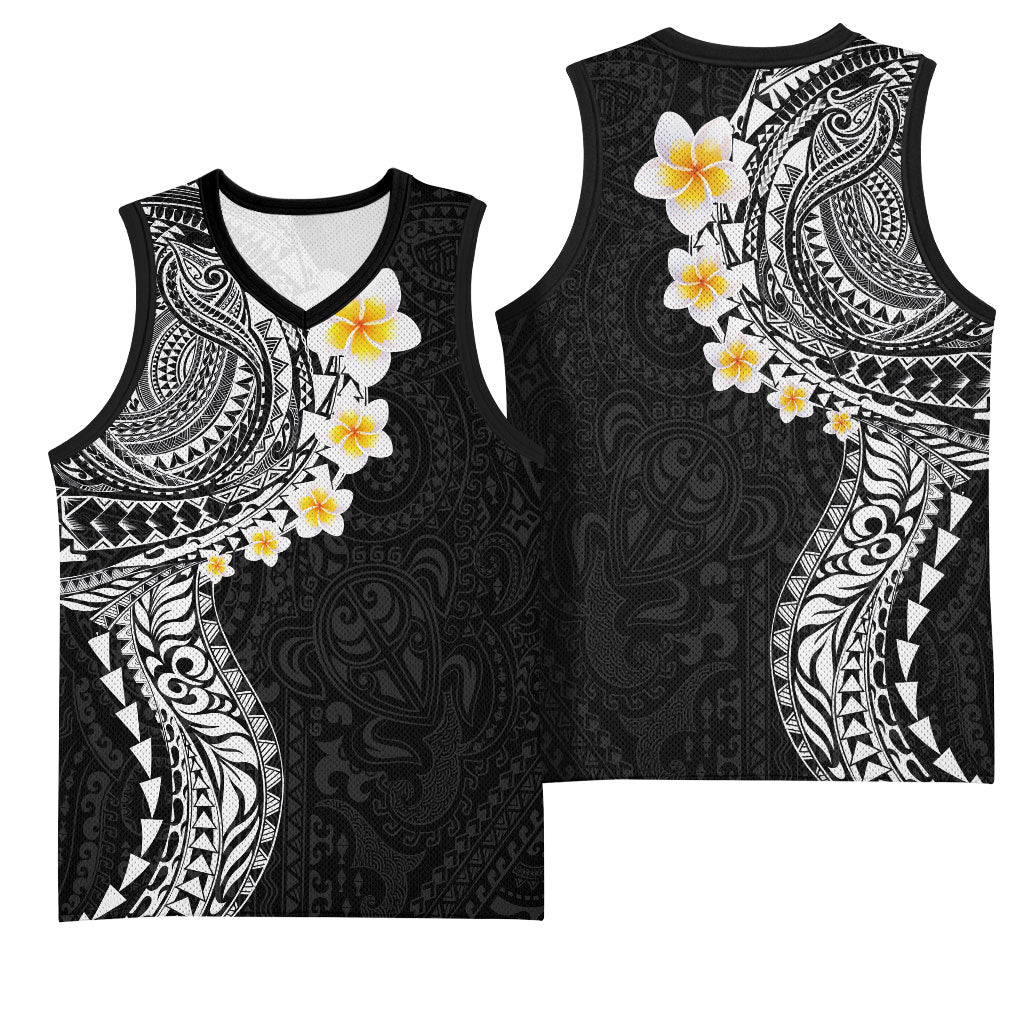 Hawaiian Tribal Tattoo and Plumeria Basketball Jersey Polynesian Pattern Black Color