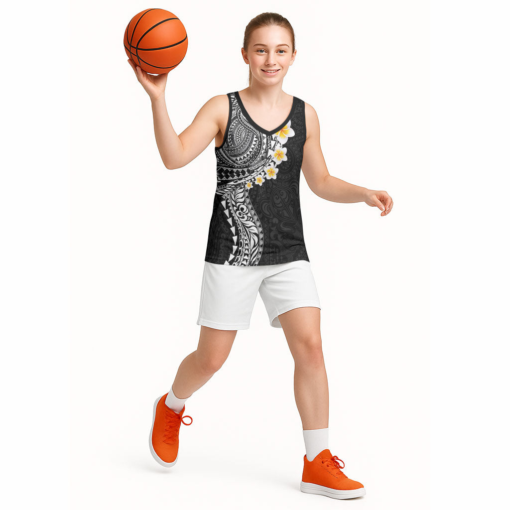 Hawaiian Tribal Tattoo and Plumeria Basketball Jersey Polynesian Pattern Black Color