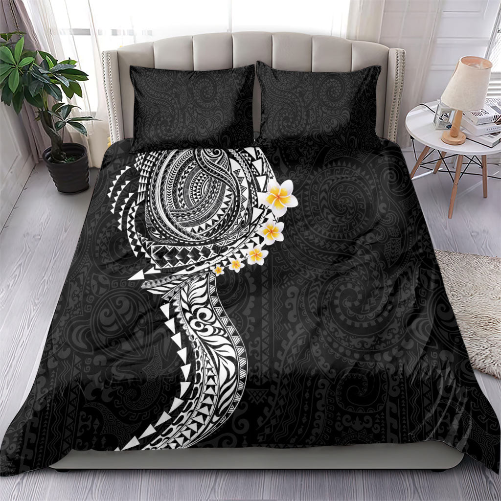 Hawaiian Tribal Tattoo and Plumeria Bedding Set Polynesian Pattern Black Color
