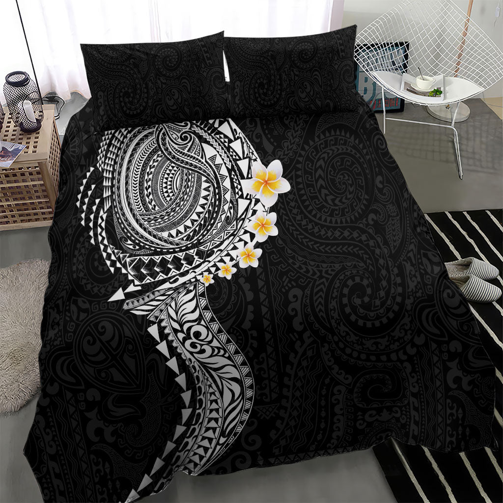 Hawaiian Tribal Tattoo and Plumeria Bedding Set Polynesian Pattern Black Color
