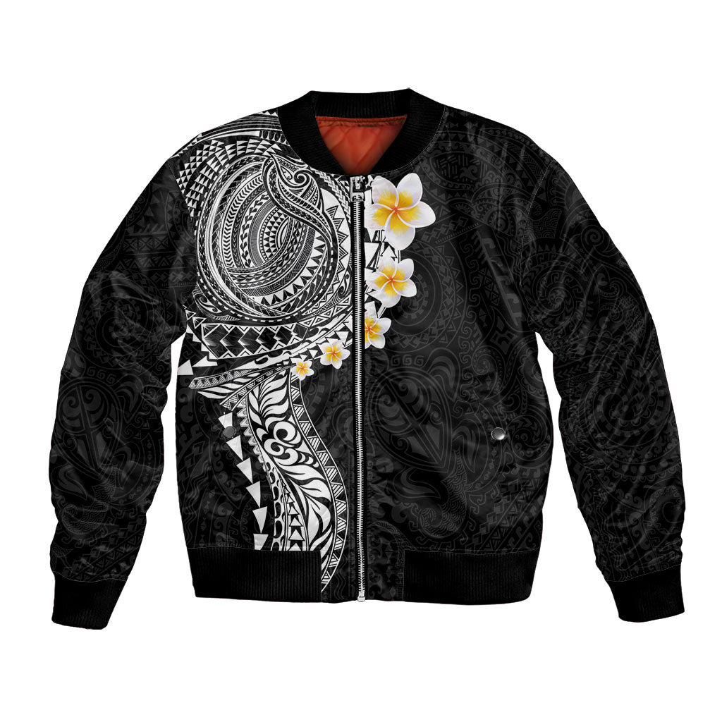 Hawaiian Tribal Tattoo and Plumeria Bomber Jacket Polynesian Pattern Black Color