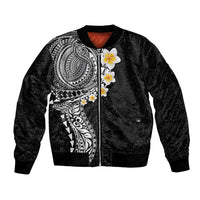 Hawaiian Tribal Tattoo and Plumeria Bomber Jacket Polynesian Pattern Black Color