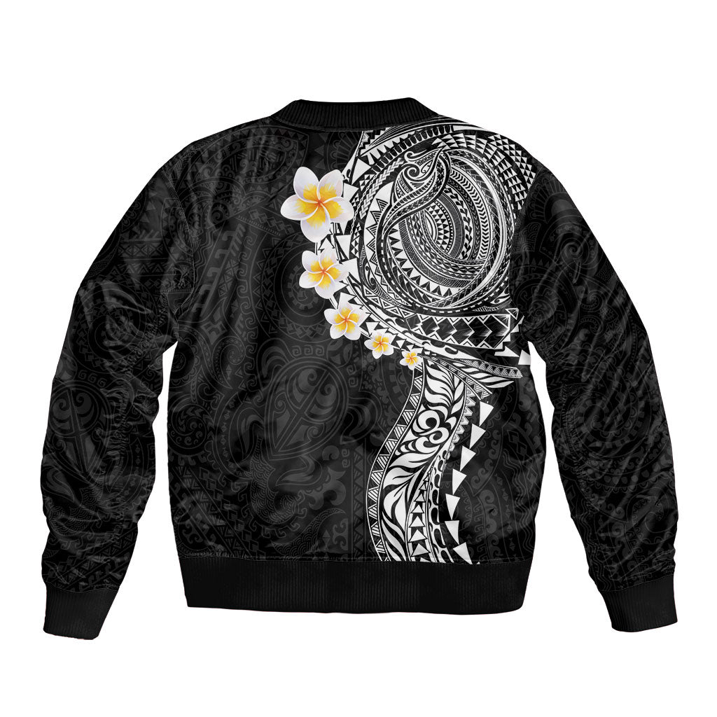 Hawaiian Tribal Tattoo and Plumeria Bomber Jacket Polynesian Pattern Black Color
