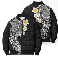 Hawaiian Tribal Tattoo and Plumeria Bomber Puffer Jacket Polynesian Pattern Black Color