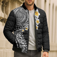 Hawaiian Tribal Tattoo and Plumeria Bomber Puffer Jacket Polynesian Pattern Black Color