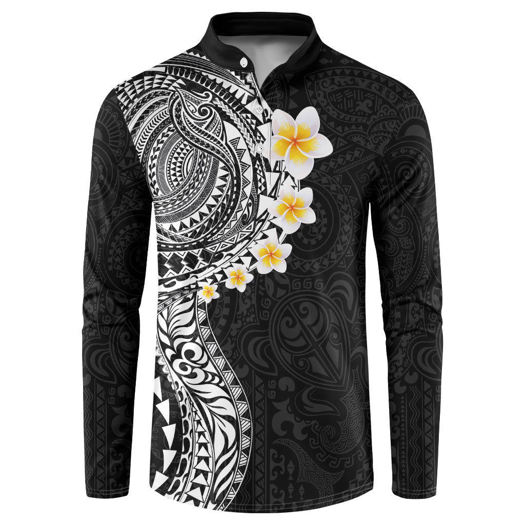 Hawaiian Tribal Tattoo and Plumeria Button Sweatshirt Polynesian Pattern Black Color