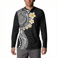 Hawaiian Tribal Tattoo and Plumeria Button Sweatshirt Polynesian Pattern Black Color