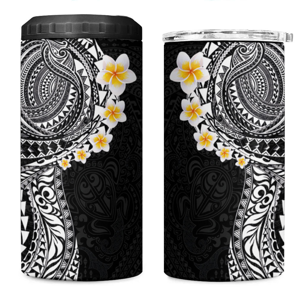 Hawaiian Tribal Tattoo and Plumeria 4 in 1 Can Cooler Tumbler Polynesian Pattern Black Color