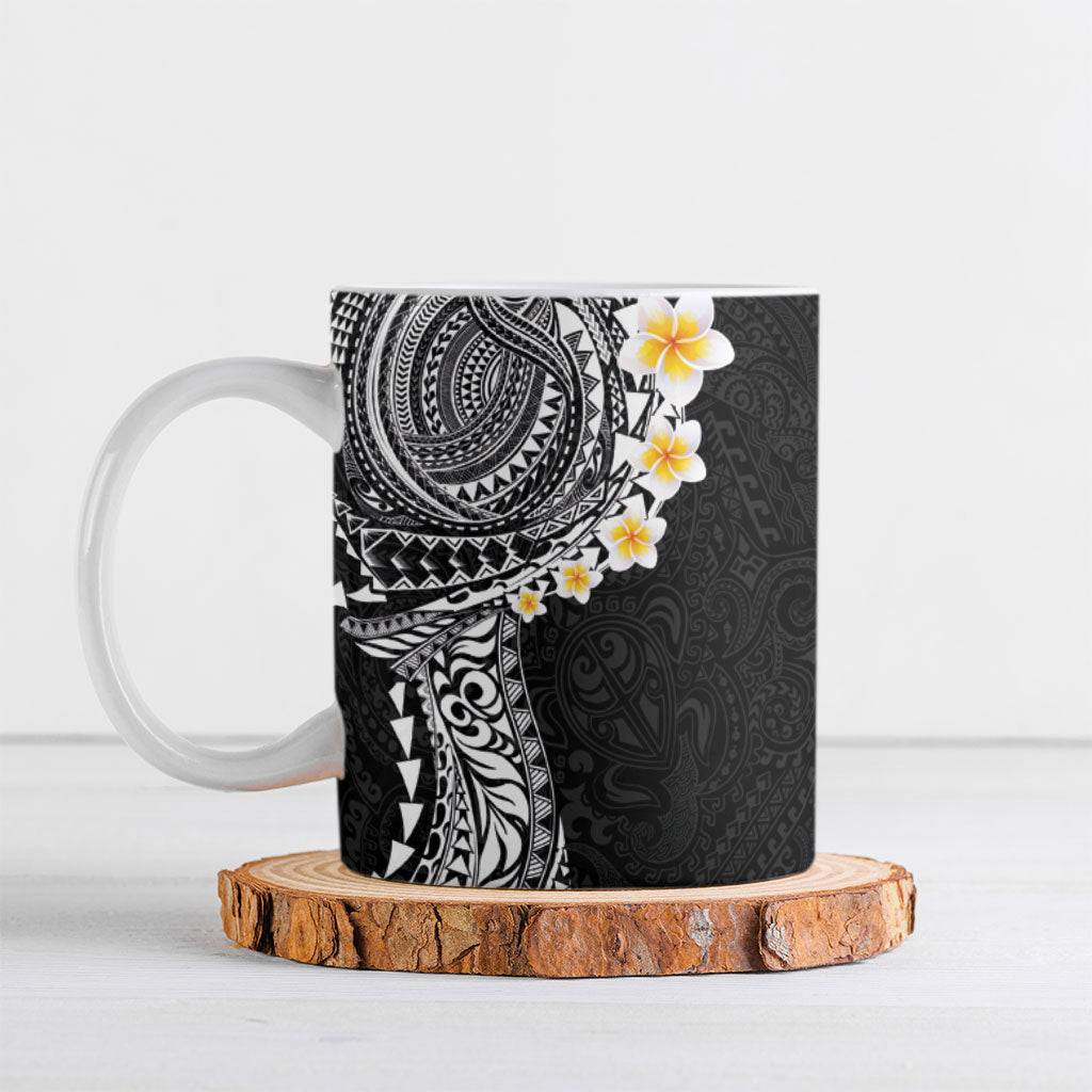 Hawaiian Tribal Tattoo and Plumeria Ceramic Mug Polynesian Pattern Black Color