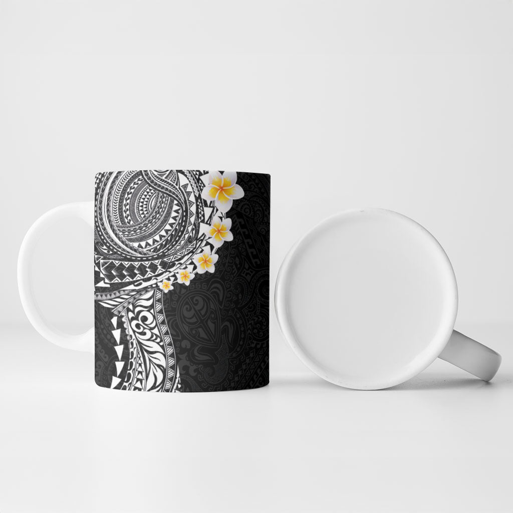 Hawaiian Tribal Tattoo and Plumeria Ceramic Mug Polynesian Pattern Black Color