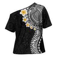 Hawaiian Tribal Tattoo and Plumeria Cross Shoulder Shirt Polynesian Pattern Black Color