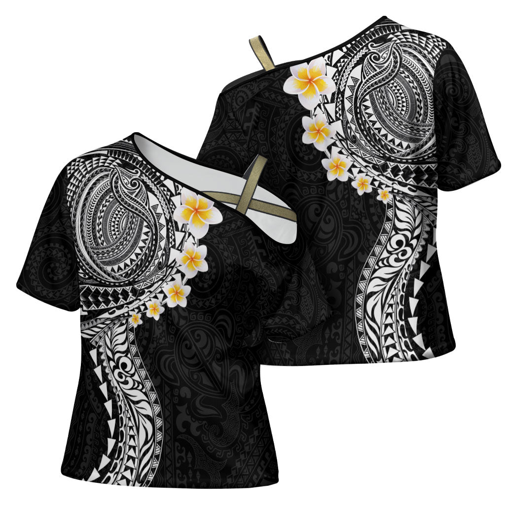 Hawaiian Tribal Tattoo and Plumeria Cross Shoulder Shirt Polynesian Pattern Black Color