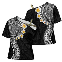 Hawaiian Tribal Tattoo and Plumeria Cross Shoulder Shirt Polynesian Pattern Black Color