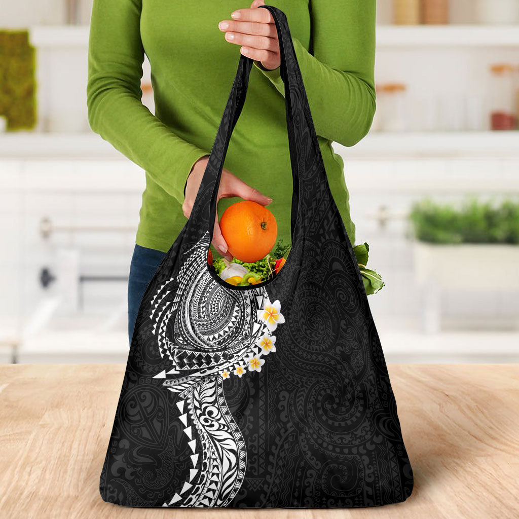 Hawaiian Tribal Tattoo and Plumeria Grocery Bag Polynesian Pattern Black Color