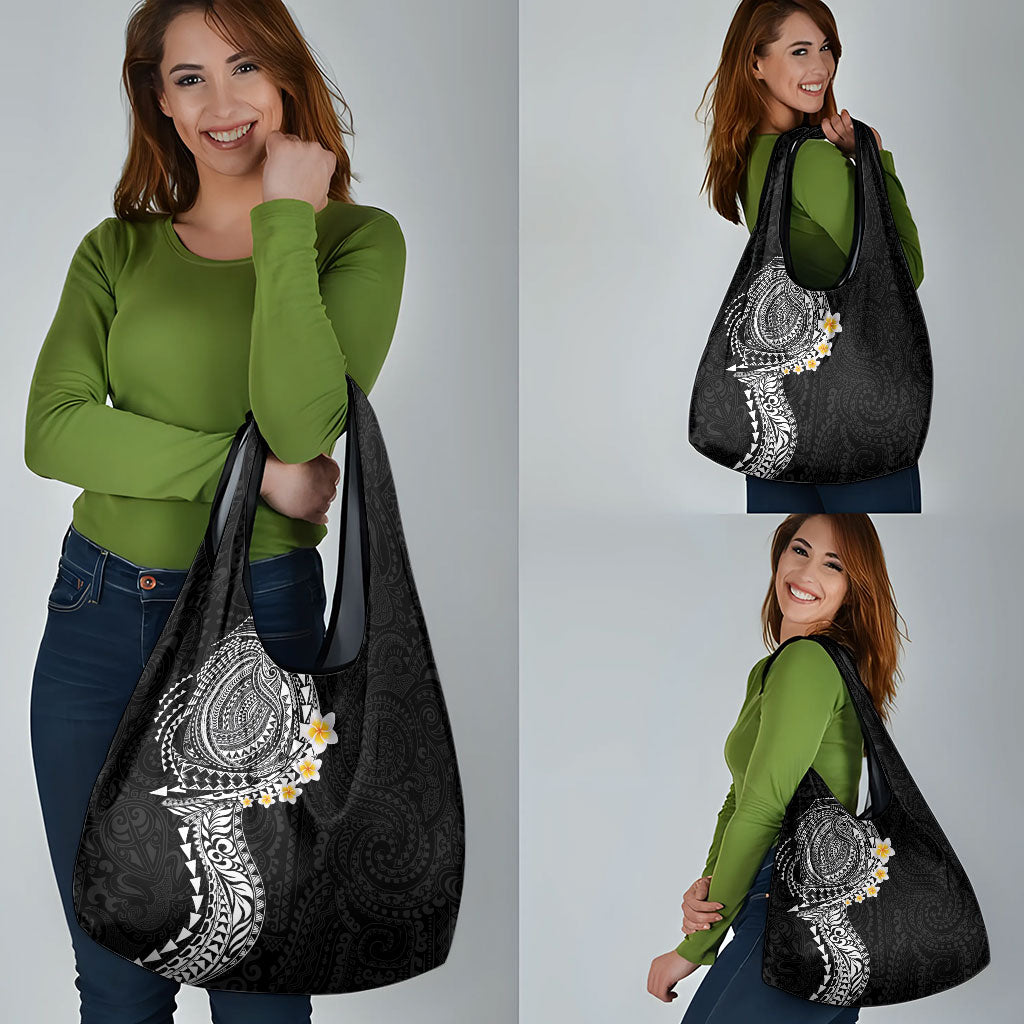 Hawaiian Tribal Tattoo and Plumeria Grocery Bag Polynesian Pattern Black Color