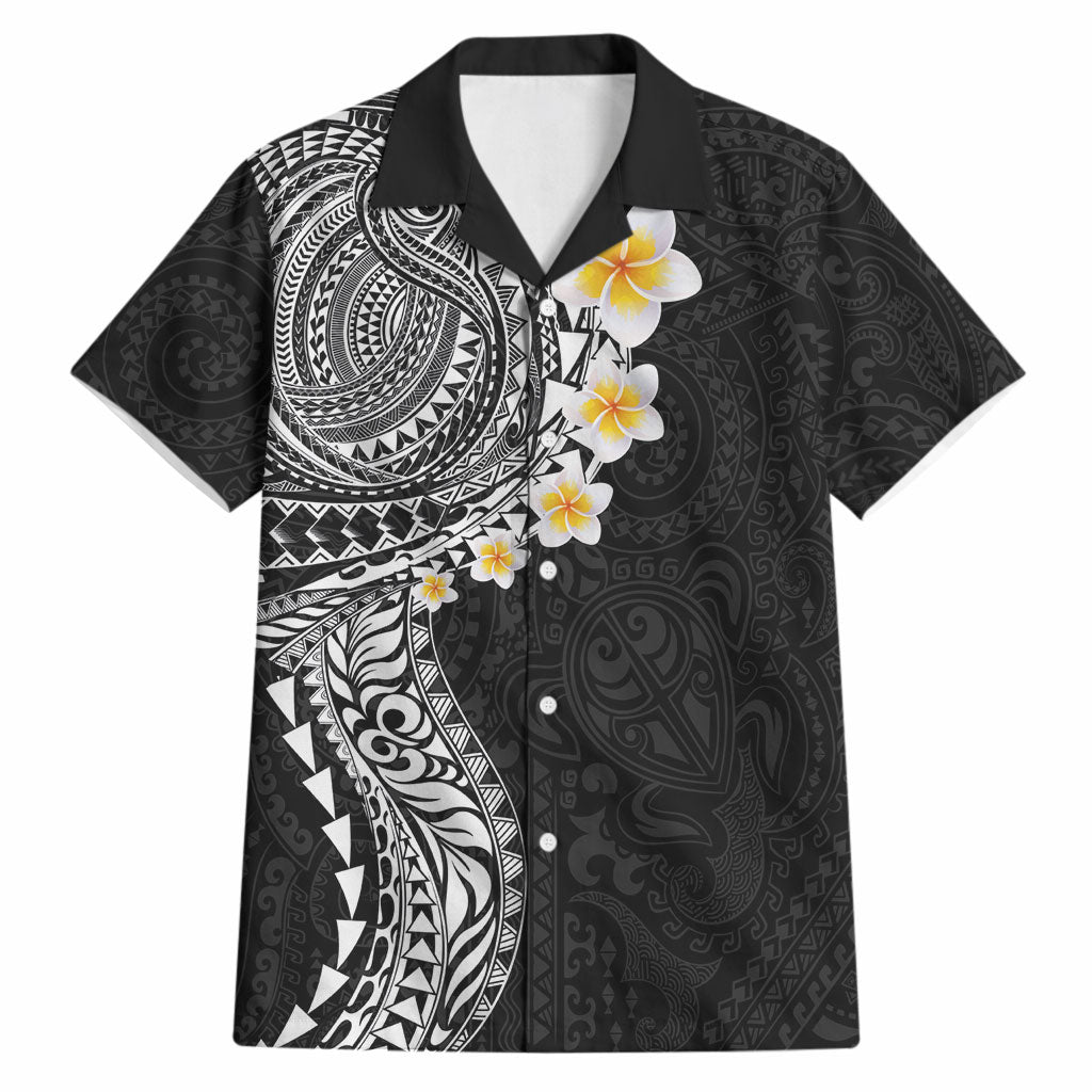 Hawaiian Tribal Tattoo and Plumeria Hawaiian Shirt Polynesian Pattern Black Color