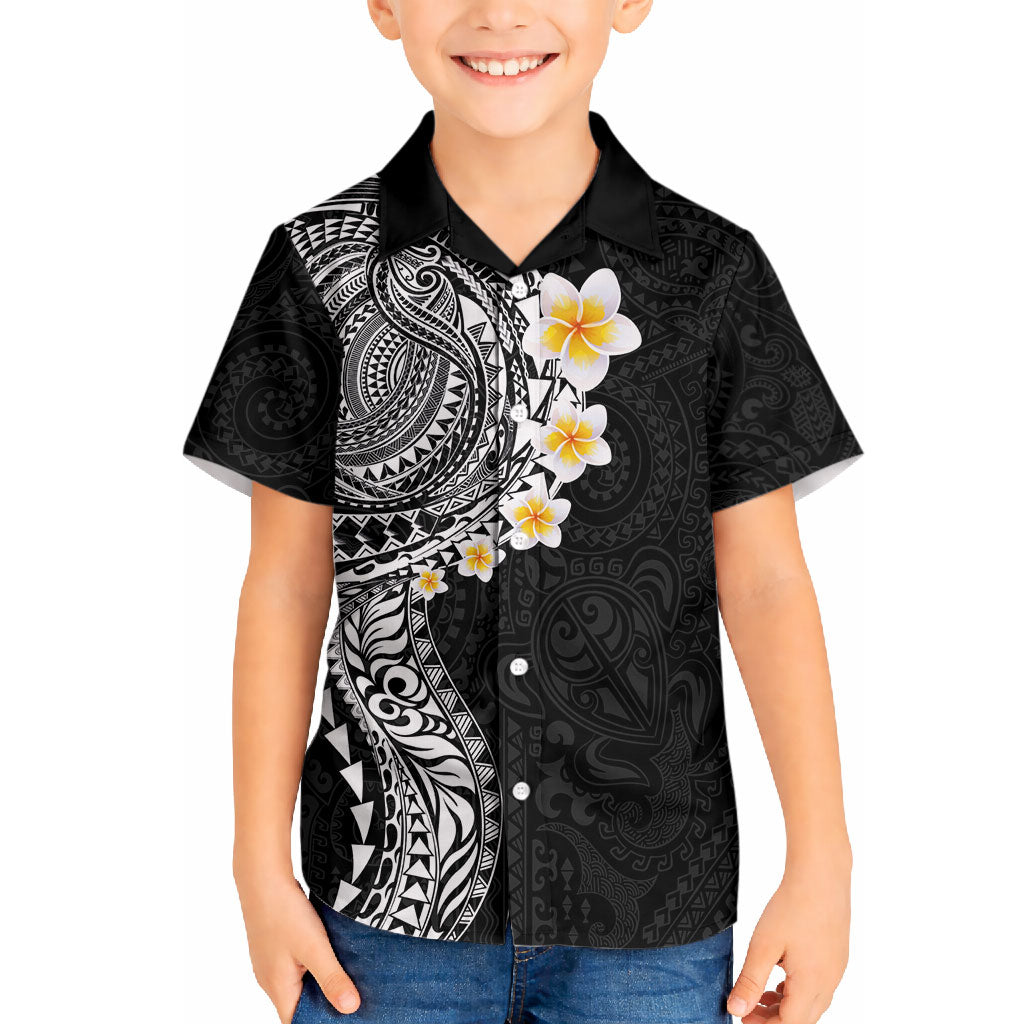 Hawaiian Tribal Tattoo and Plumeria Hawaiian Shirt Polynesian Pattern Black Color