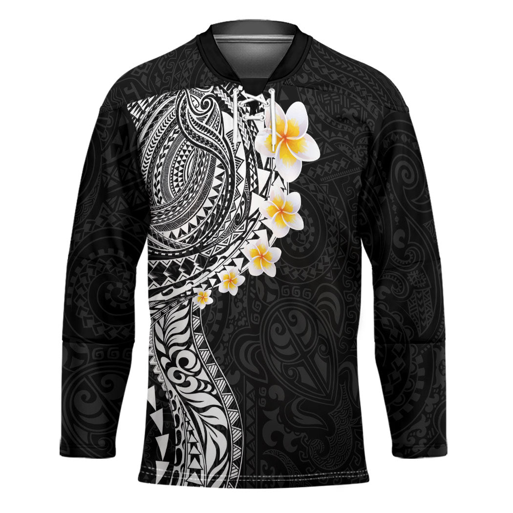 Hawaiian Tribal Tattoo and Plumeria Hockey Jersey Polynesian Pattern Black Color