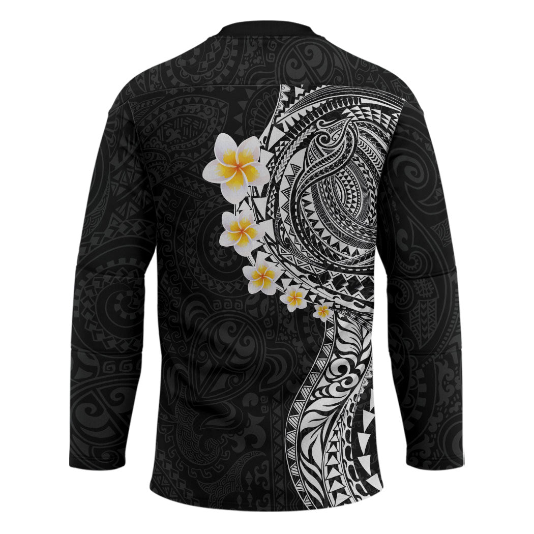 Hawaiian Tribal Tattoo and Plumeria Hockey Jersey Polynesian Pattern Black Color