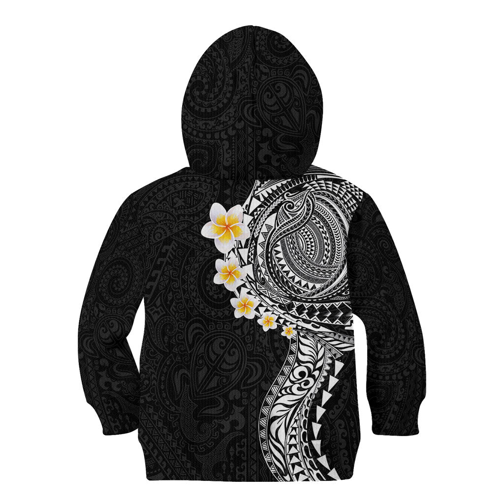 Hawaiian Tribal Tattoo and Plumeria Kid Hoodie Polynesian Pattern Black Color