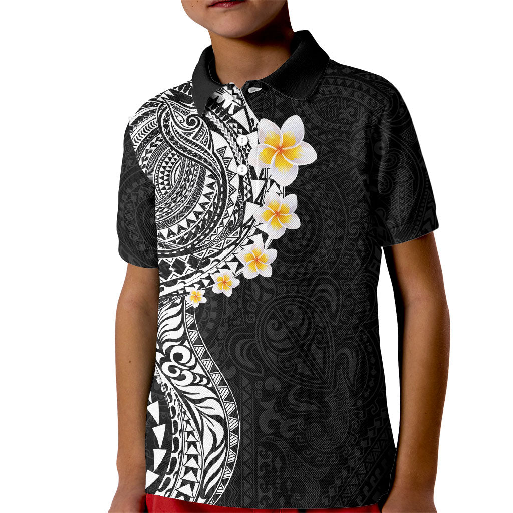 Hawaiian Tribal Tattoo and Plumeria Kid Polo Shirt Polynesian Pattern Black Color