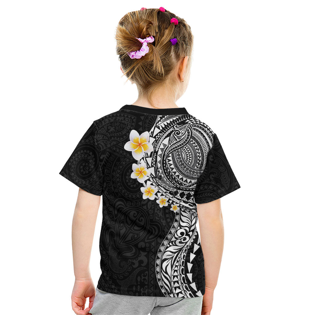 Hawaiian Tribal Tattoo and Plumeria Kid T Shirt Polynesian Pattern Black Color