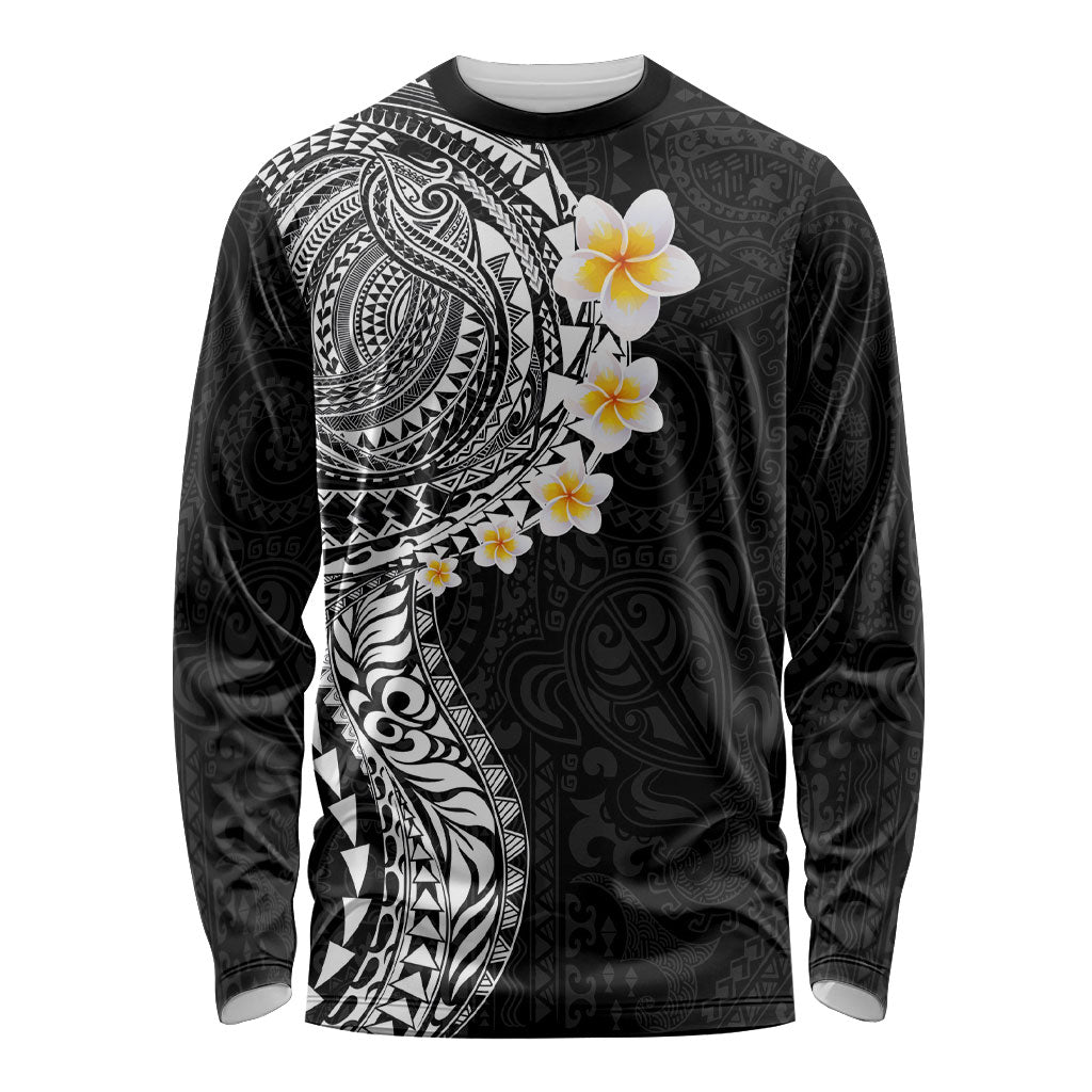 Hawaiian Tribal Tattoo and Plumeria Long Sleeve Shirt Polynesian Pattern Black Color