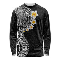 Hawaiian Tribal Tattoo and Plumeria Long Sleeve Shirt Polynesian Pattern Black Color