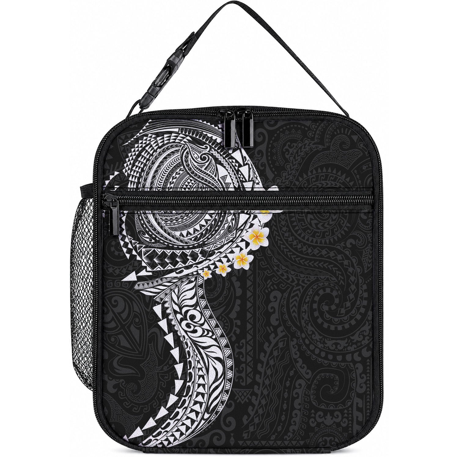Hawaiian Tribal Tattoo and Plumeria Lunch Bag Polynesian Pattern Black Color