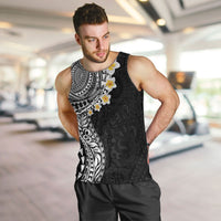 Hawaiian Tribal Tattoo and Plumeria Men Tank Top Polynesian Pattern Black Color