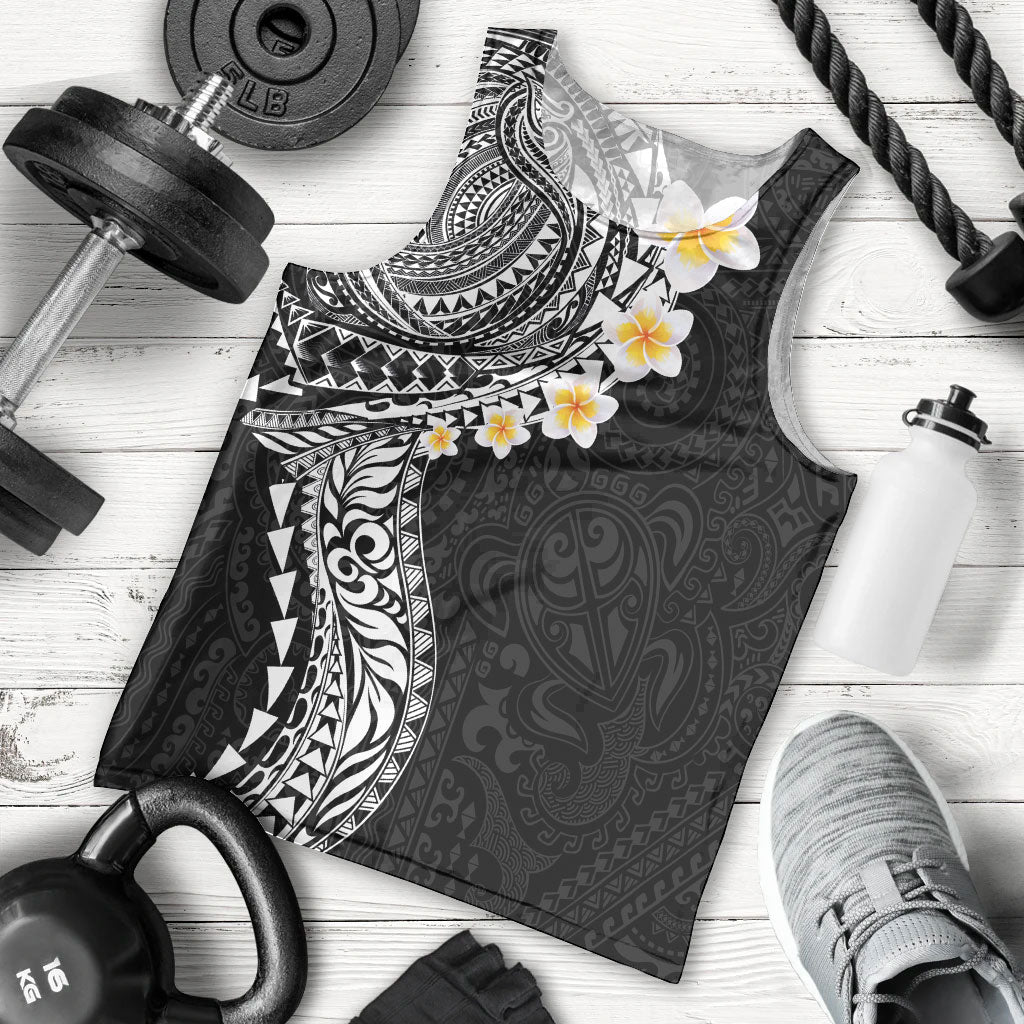 Hawaiian Tribal Tattoo and Plumeria Men Tank Top Polynesian Pattern Black Color