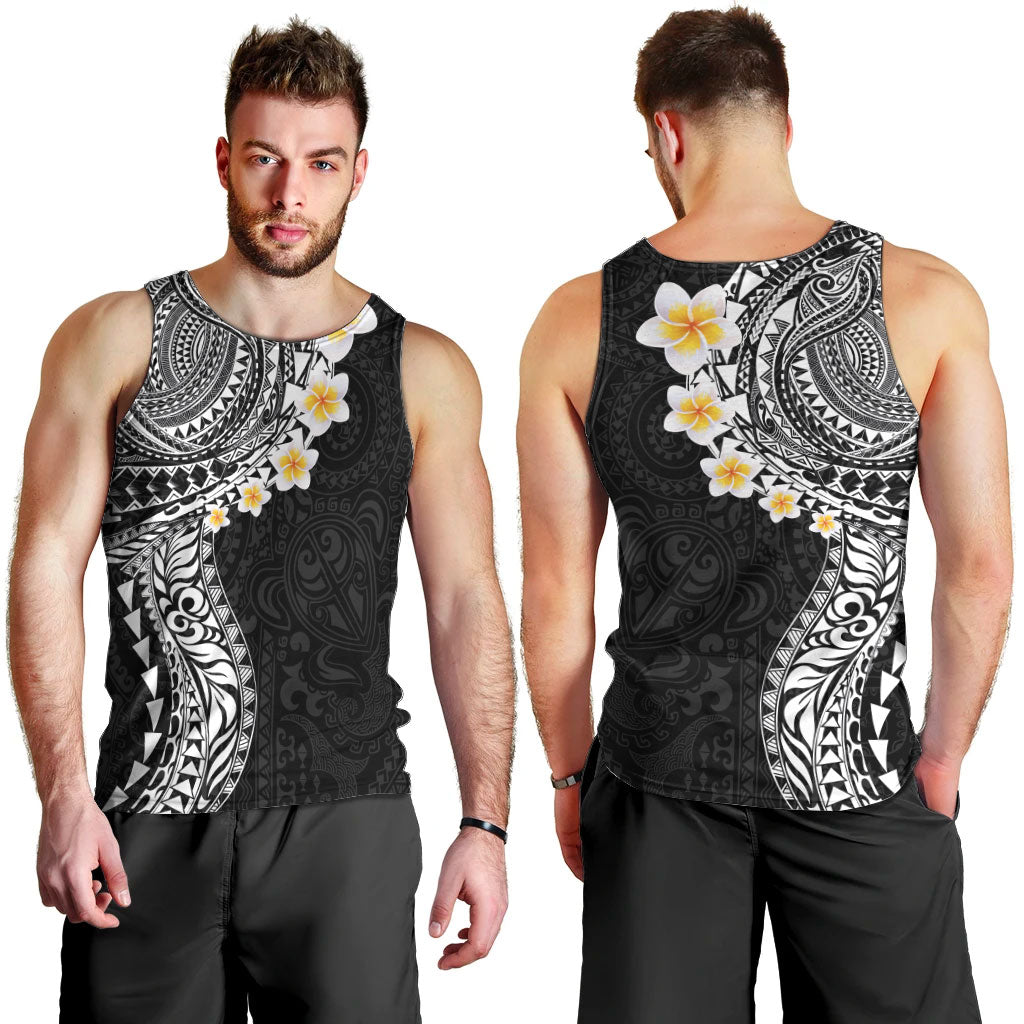 Hawaiian Tribal Tattoo and Plumeria Men Tank Top Polynesian Pattern Black Color