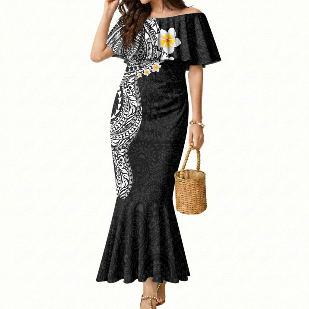 Hawaiian Tribal Tattoo and Plumeria Mermaid Dress Polynesian Pattern Black Color