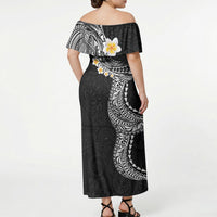 Hawaiian Tribal Tattoo and Plumeria Off Shoulder Maxi Dress Polynesian Pattern Black Color