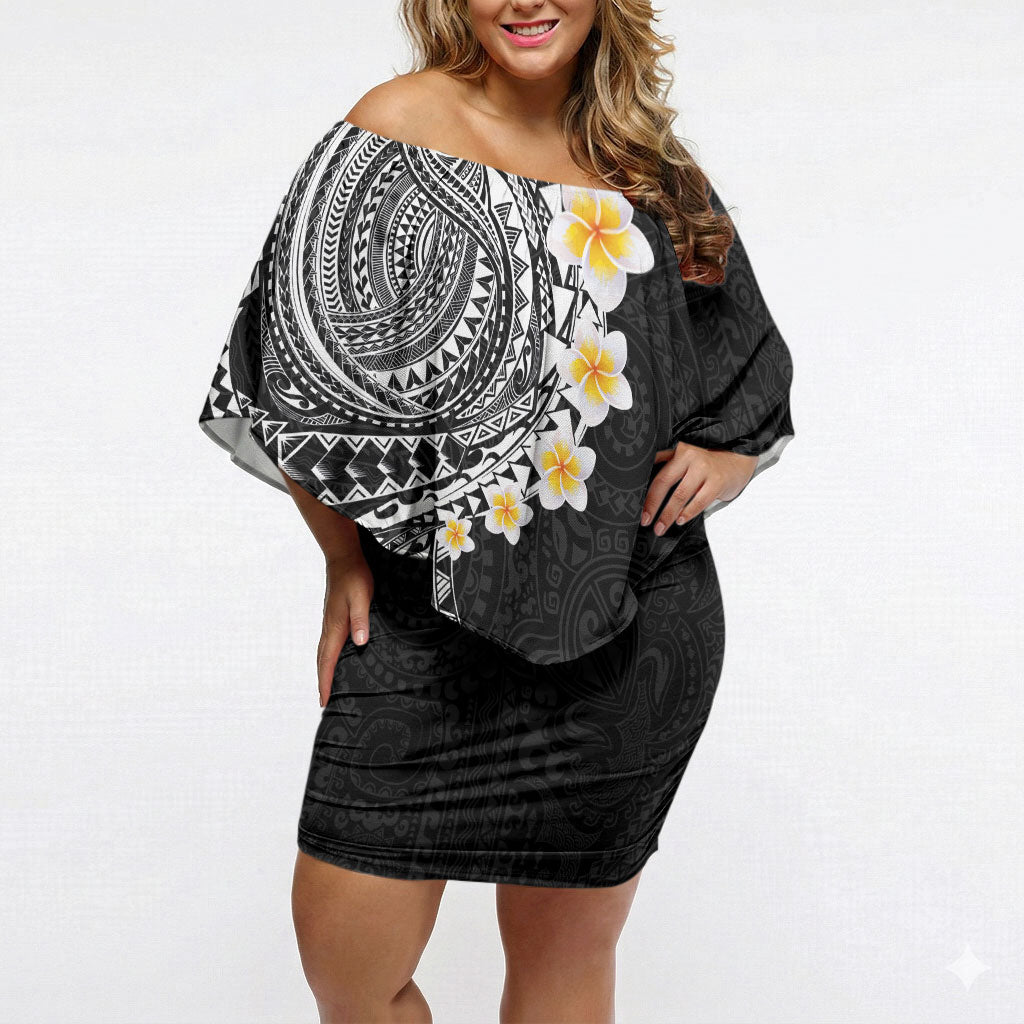 Hawaiian Tribal Tattoo and Plumeria Off Shoulder Short Dress Polynesian Pattern Black Color