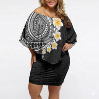 Hawaiian Tribal Tattoo and Plumeria Off Shoulder Short Dress Polynesian Pattern Black Color