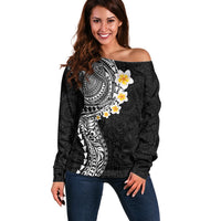 Hawaiian Tribal Tattoo and Plumeria Off Shoulder Sweater Polynesian Pattern Black Color