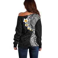 Hawaiian Tribal Tattoo and Plumeria Off Shoulder Sweater Polynesian Pattern Black Color