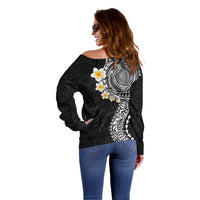 Hawaiian Tribal Tattoo and Plumeria Off Shoulder Sweater Polynesian Pattern Black Color
